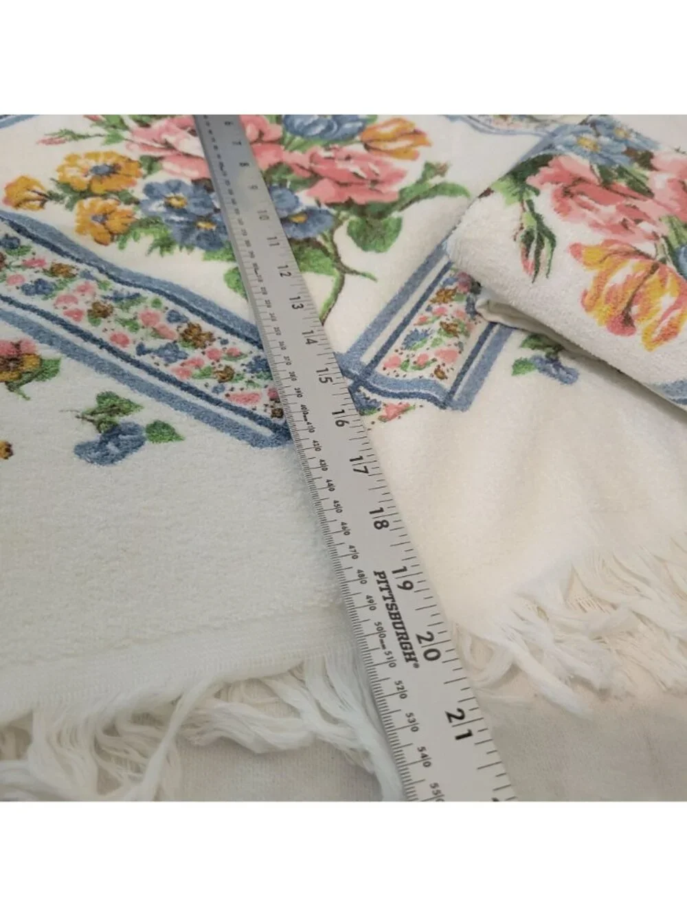 Vtg Lady Pepperell Floral Bath Towel Set Cotton Blend Fringe Blue Pink Made In U